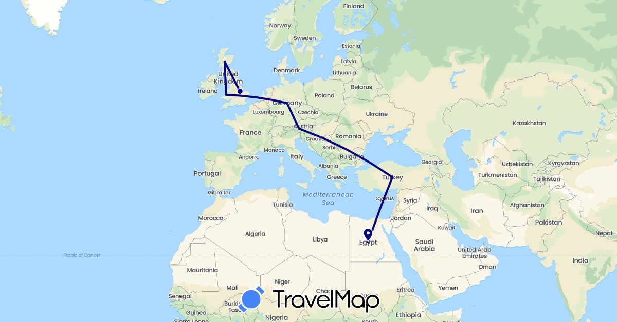 TravelMap itinerary: driving in Austria, Germany, Egypt, United Kingdom, Turkey (Africa, Asia, Europe)